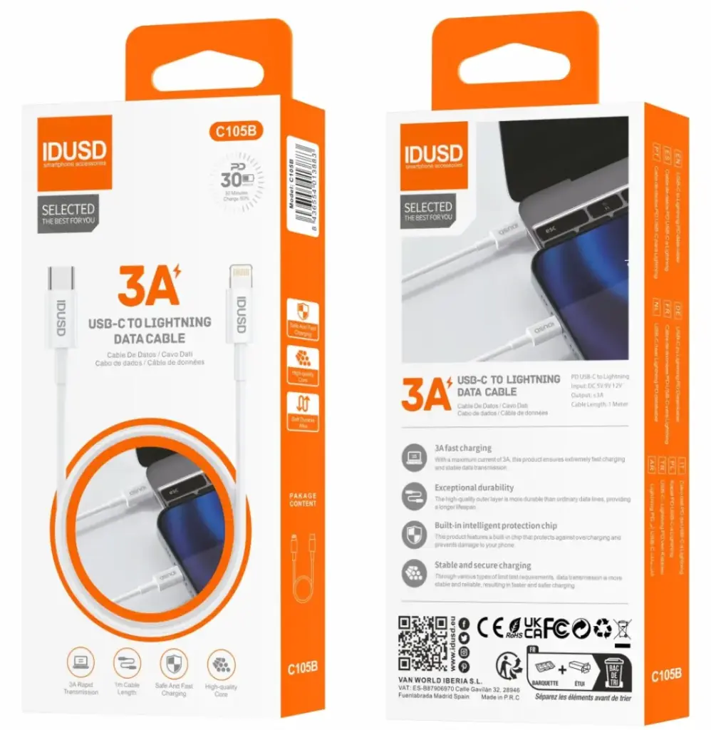 IDUSD CABLE PD USB-C A LIGHTNING 1M 3A