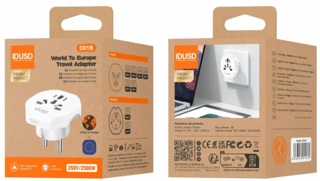 IDUSD ADAPTADOR DE VIAJE UNIVERSAL A EUROPA