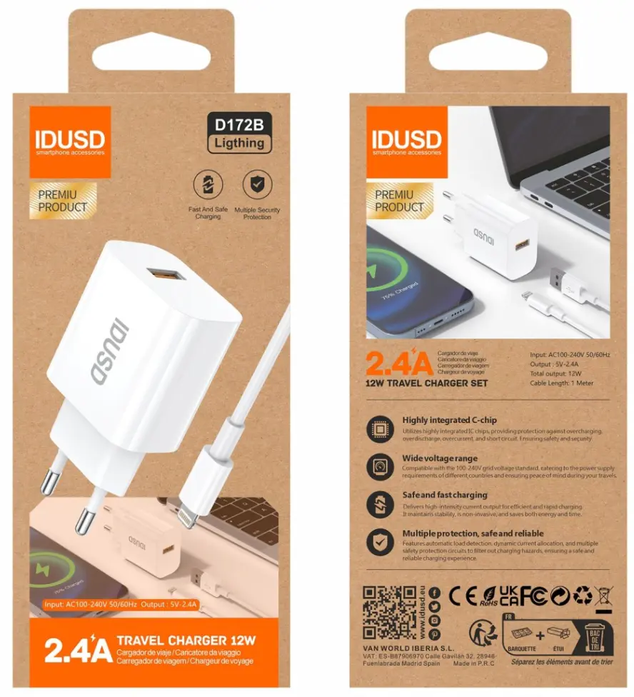 IDUSD CARGADOR ECO 2,4A + CABLE LIGHTNING 1M