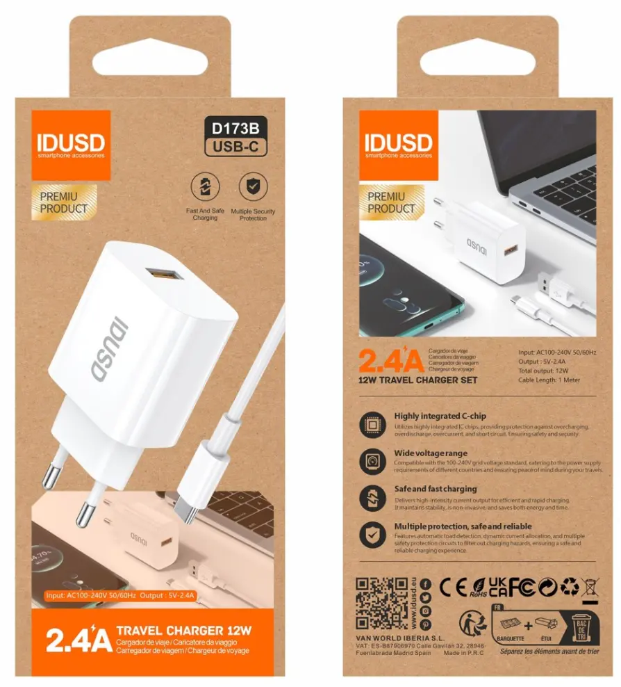 IDUSD CARGADOR ECO 2,4A + CABLE USB-C 1M