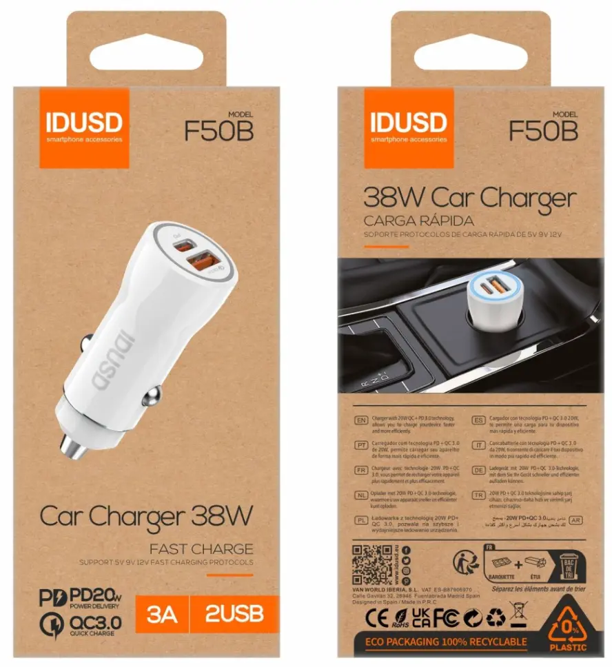 IDUSD CARGADOR DE COCHE PD+QC 38W
