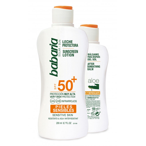 [P4240] BABARIA PROTECTOR SOLAR LECHE 200 ML SPF50+ PIELES SENSIBLE + BABARIA AFTER SUN 100 ML