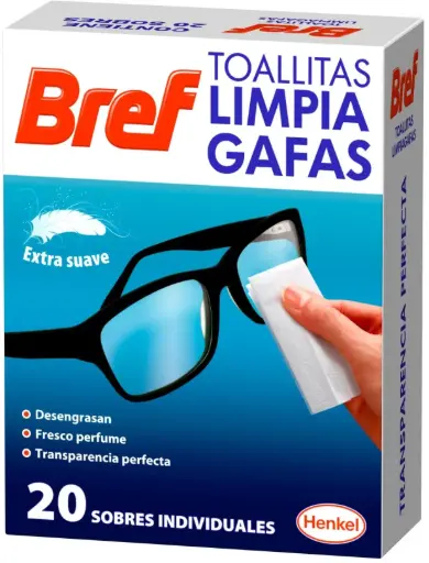 [111672] BREF TOALLITAS LIMPIA GAFAS CAJITA 20 SOBRES                